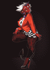 Billie striking a showgirl pose in a red blazer and short checkered skirt, showing off her stockinged legs and looking slyly at the viewer.